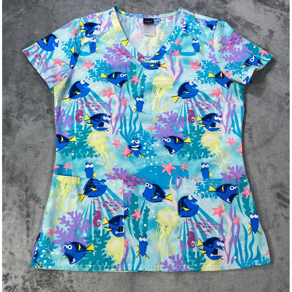 Pixar Finding Nemo V Neck Scrub Top Size Small Fish Sea Ocean All Over Print